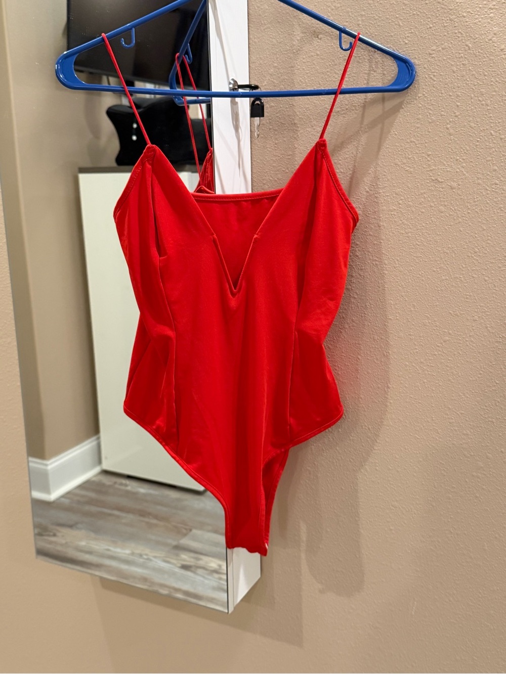 Red V-Neck Spaghetti Strap Bodysuit - Women Tops